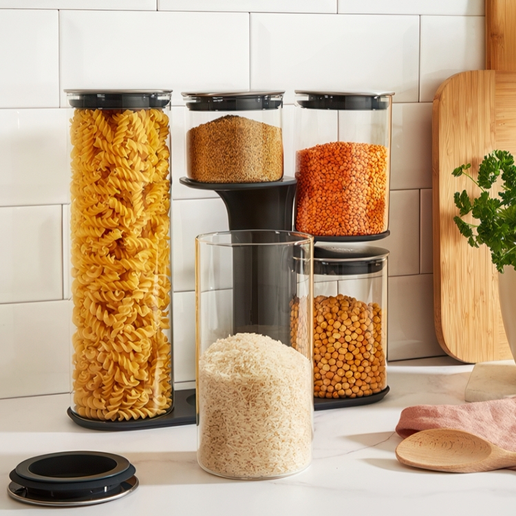 Burkar i glas i smart ställ, 5 st, PODIUM EASY-ACCESS , Joseph Joseph, Klar / Silver