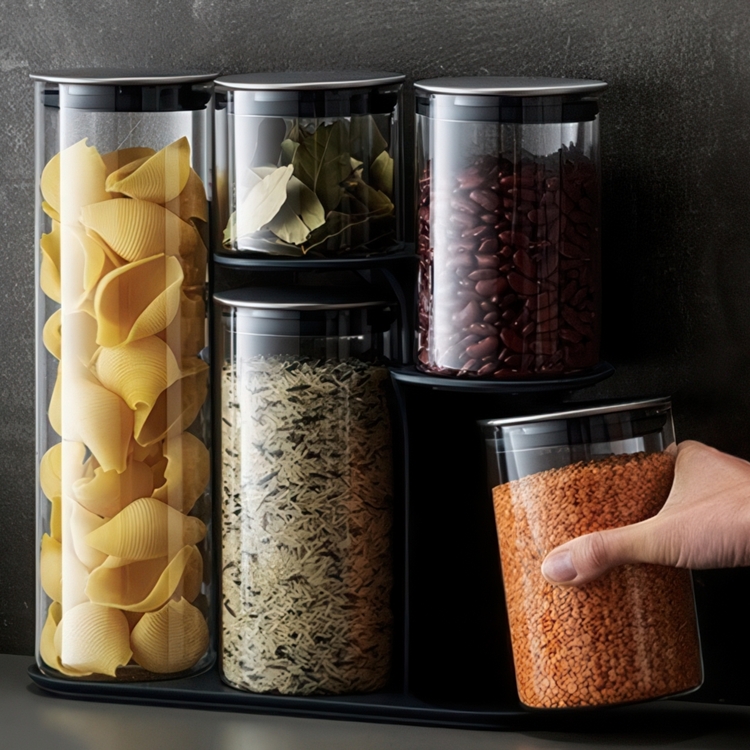 Burkar i glas i smart ställ, 5 st, PODIUM EASY-ACCESS , Joseph Joseph, Klar / Silver