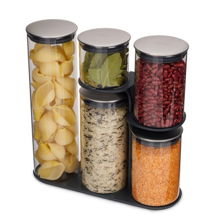 Burkar i glas i smart ställ, 5 st, PODIUM EASY-ACCESS , Joseph Joseph, Klar / Silver