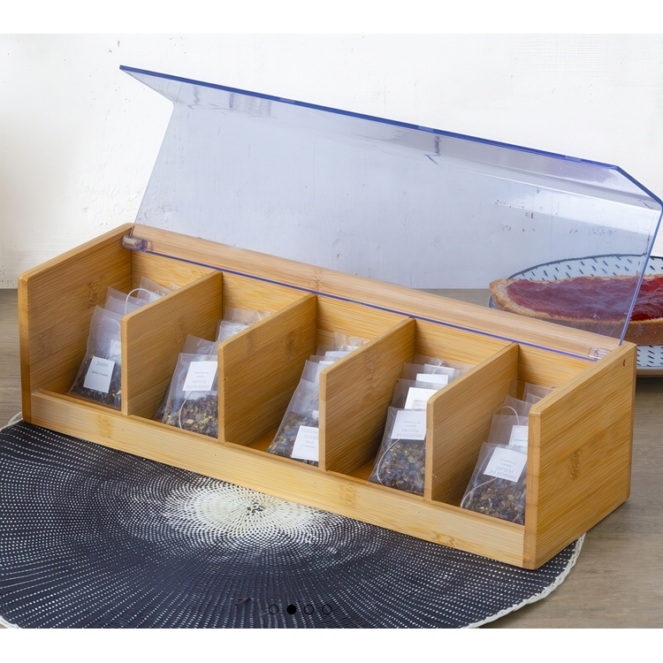 Förvaringslåda för Sortering, Avlång, BAMBOO TEA BOX, 5 fack, 36 x 11 x H 9,5 cm, Natur / Klar