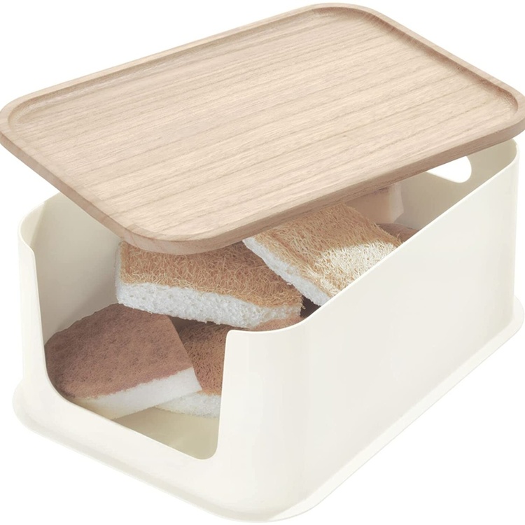 Förvaringslåda med trälock, ECO OPEN FRONT, 21,5 x 30,5 x H 14 cm, Offwhite / Natur