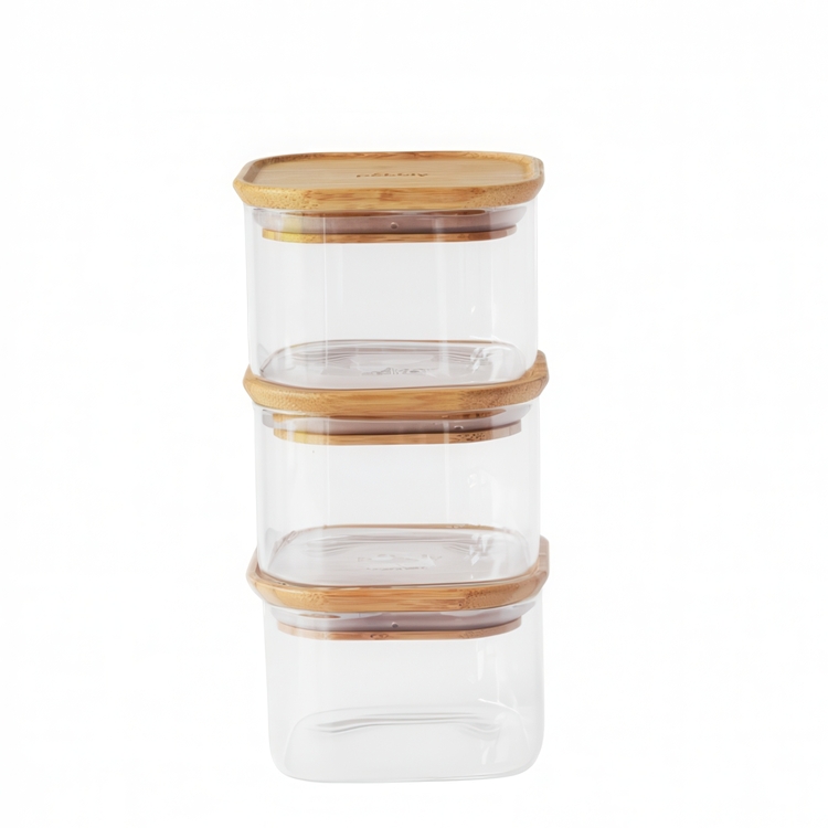 Glasburkar för torrvaror, 0,5 L, 3 st, PEBBLY SQUARE MINI, Klar / Bambu