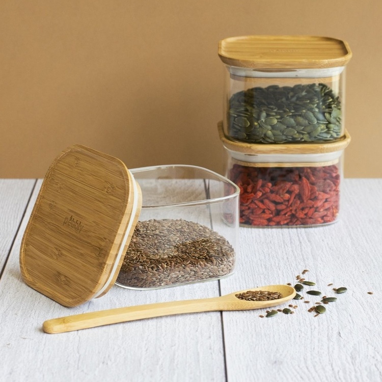 Glasburkar för torrvaror, 0,5 L, 3 st, PEBBLY SQUARE MINI, Klar / Bambu