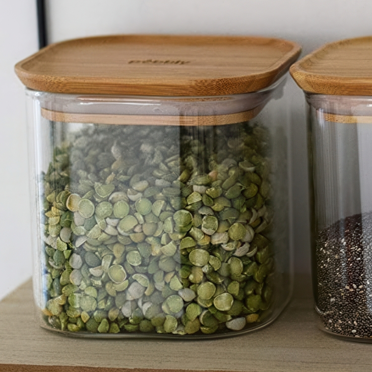 Glasburkar för torrvaror, 0,8 L, 3 st, PEBBLY SQUARE SMALL, Klar / Bambu