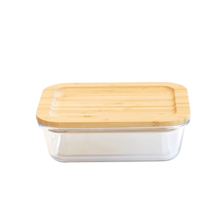 Glasmatlåda med Bambulock, 1 L, PEBBLY MEDIUM COOK & STORE, 20 x 15 x H6,5 cm, Klar / Natur