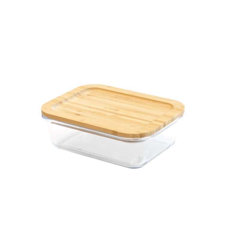 Glasmatlåda med Bambulock, 1 L, PEBBLY MEDIUM COOK & STORE, 20 x 15 x H6,5 cm, Klar / Natur