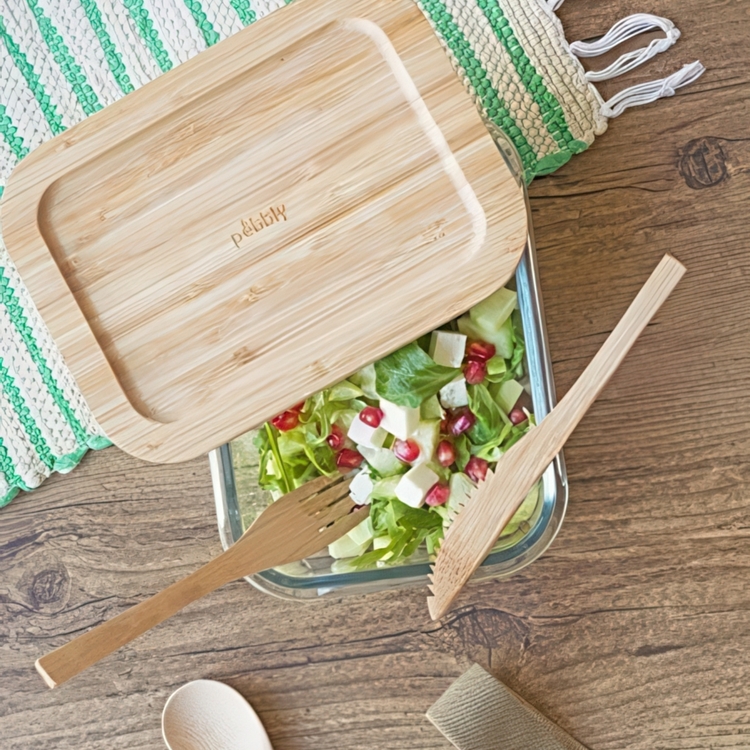 Glasmatlåda med Bambulock, 650ml, PEBBLY SMALL COOK & STORE, 17 x 12,5 x H6 cm, Klar / Natur