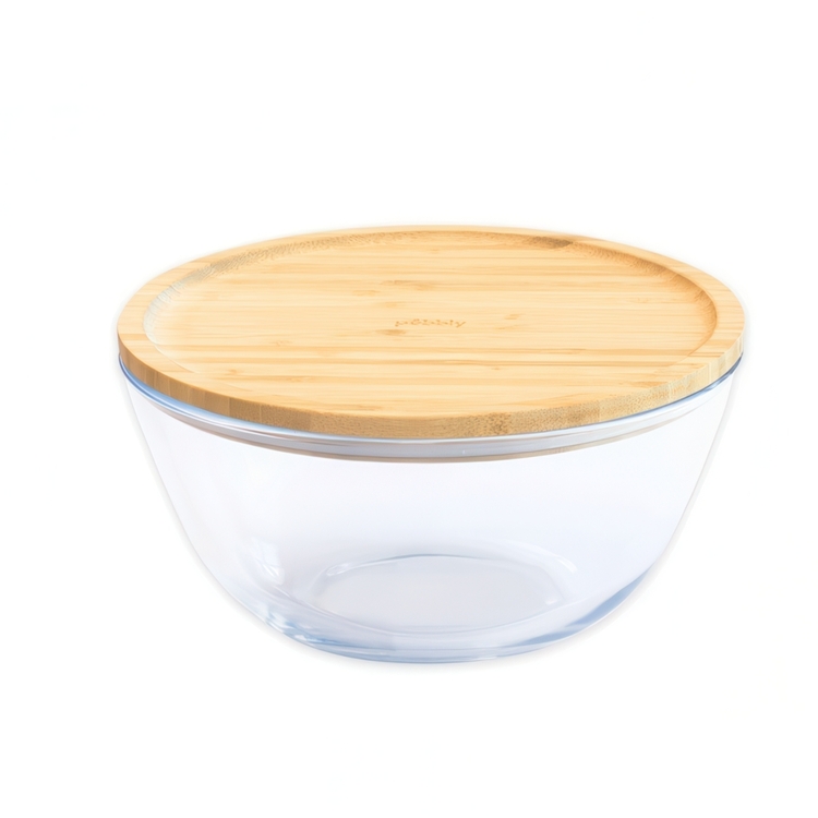 Glasskål med Bambulock, 1,6L, PEBBLY MEDIUM FOOD BOWL, Ø 19 x H 11 cm, Klar / Natur