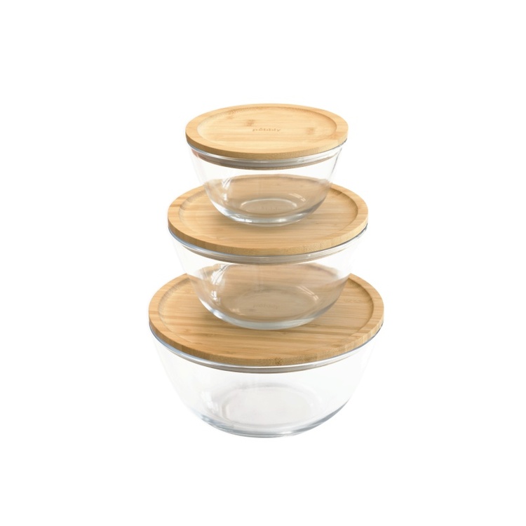 Glasskål med Bambulock, 2,6L, PEBBLY LARGE FOOD BOWL, Ø 23 x H 12 cm, Klar / Natur