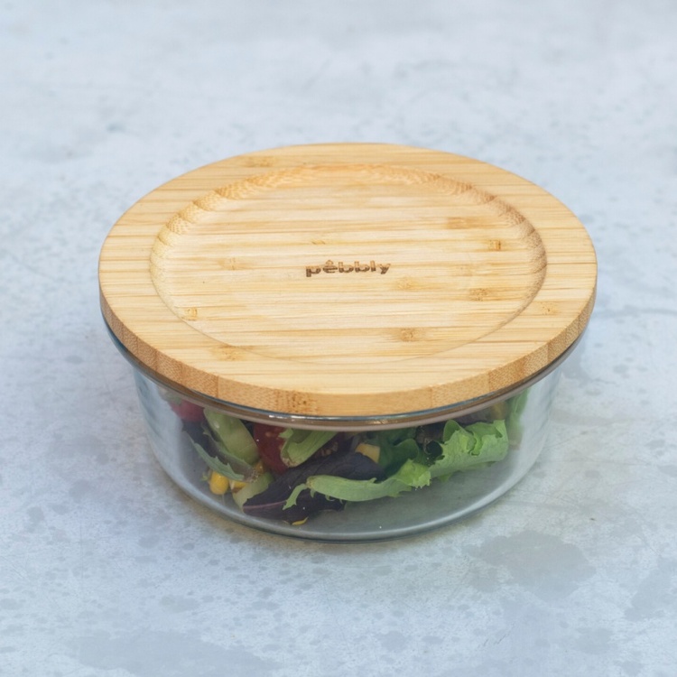 Glasskål med Bambulock, 620ml, PEBBLY MINI FOOD BOWL, Ø 15 x H 7 cm, Klar / Natur