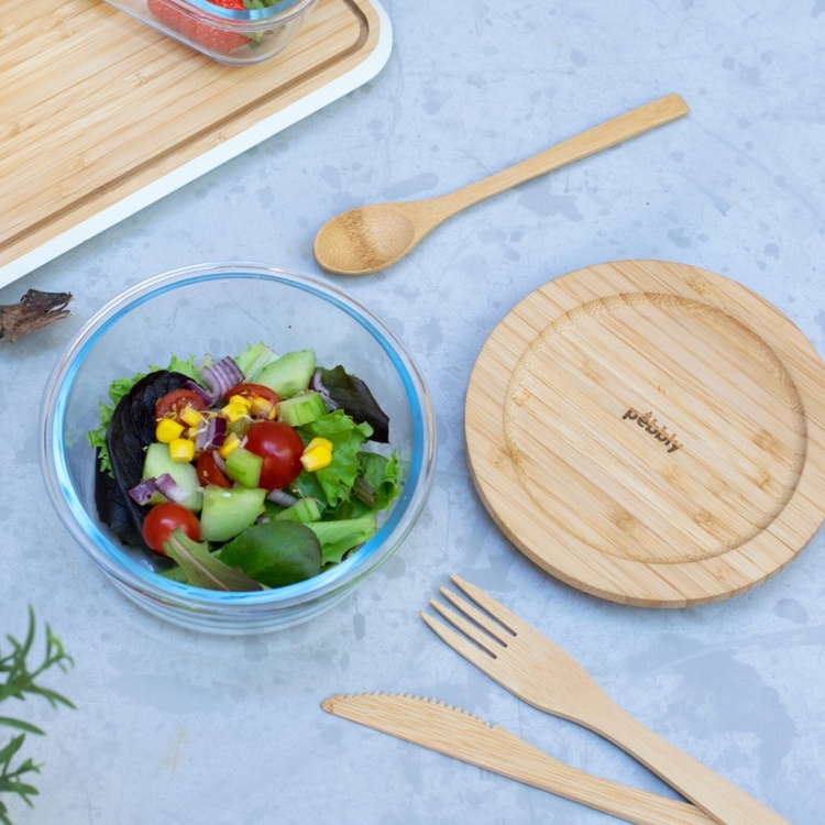 Glasskål med Bambulock, 620ml, PEBBLY MINI FOOD BOWL, Ø 15 x H 7 cm, Klar / Natur