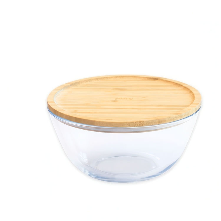 Glasskål med Bambulock, 770ml, PEBBLY SMALL FOOD BOWL, Ø 15 x H 9 cm, Klar / Natur
