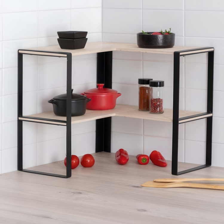 Hylla för hörn, 2-plan, BLACK & WOOD CORNER RACK, 40 x 40 x H 35 cm, Natur / Svart