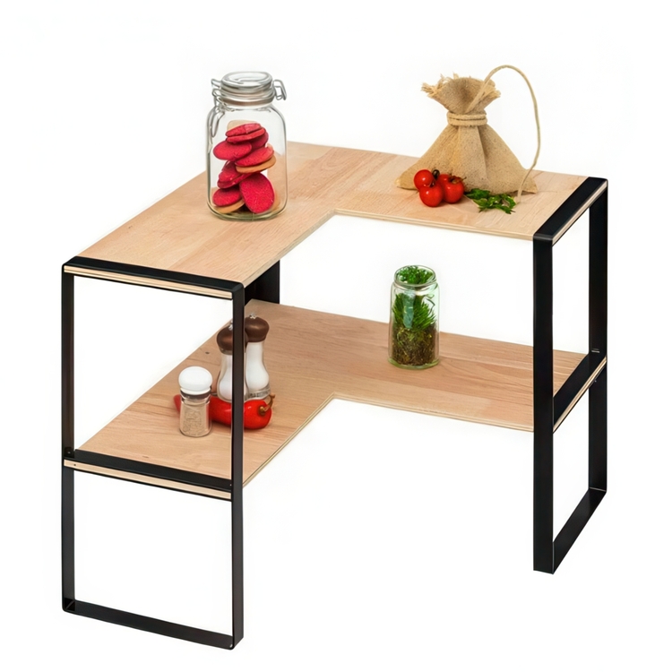 Hylla för hörn, 2-plan, BLACK & WOOD CORNER RACK, 40 x 40 x H 35 cm, Natur / Svart