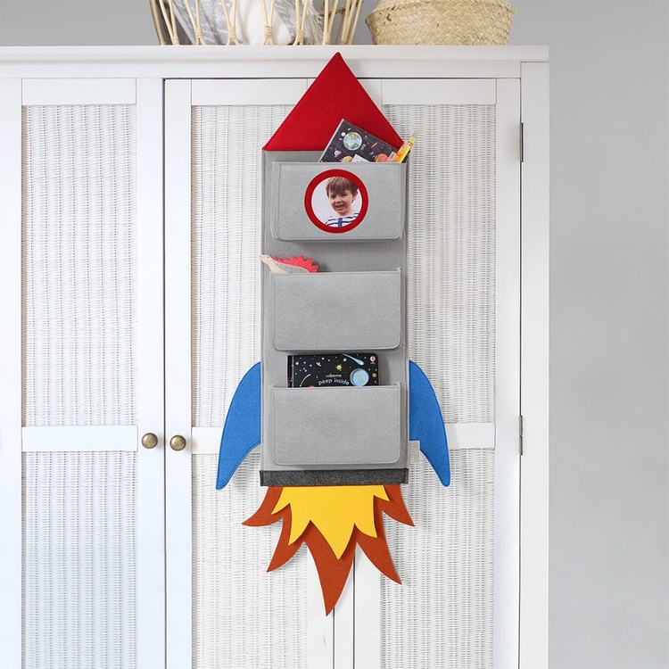 Hängande Förvaringsfickor, Rymdmotiv, ROCKET WALL POCKETS, 28 x H 85 cm, Grey