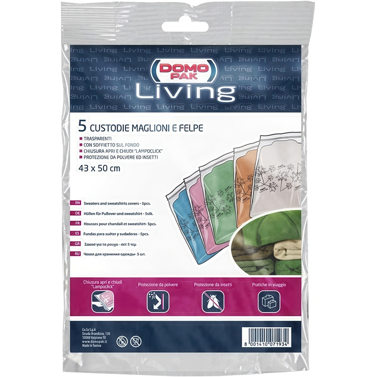 Klädpåsar för Tröjor, genomskinlig plast, 5 st, LIVING ZIP-LOCK, 43 x H50 cm, Klar 