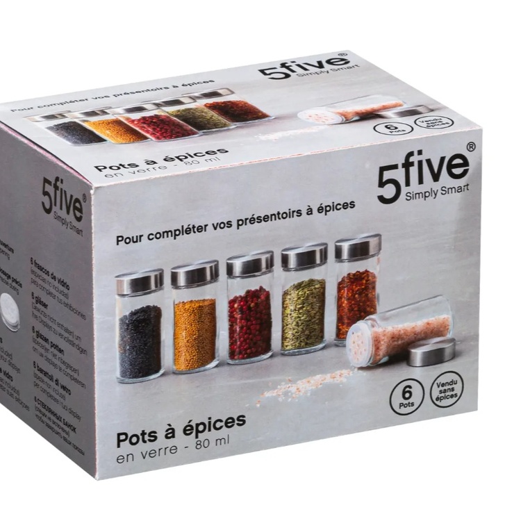 Kryddburkar i glas med metallock, 6 st, GLASS SPICE POTS, Ø 4,5 x H 9,5 cm, Klar / Silver