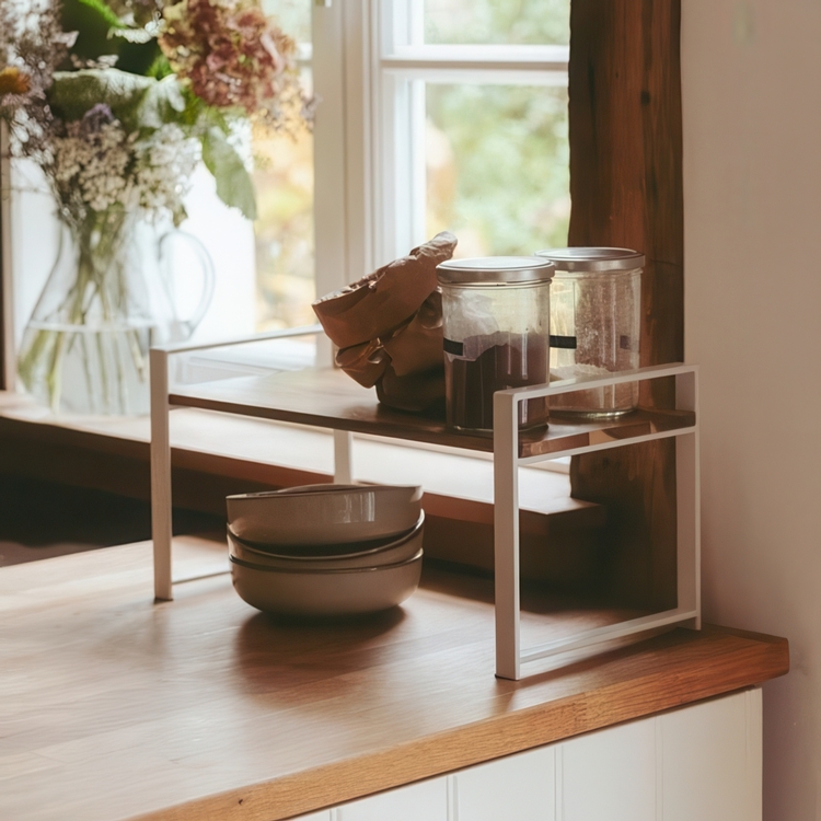 Kryddhylla för köksbänken, ACACIA SINGLE SHELF, 40 x 20 x H 20 cm, Vit / Brun