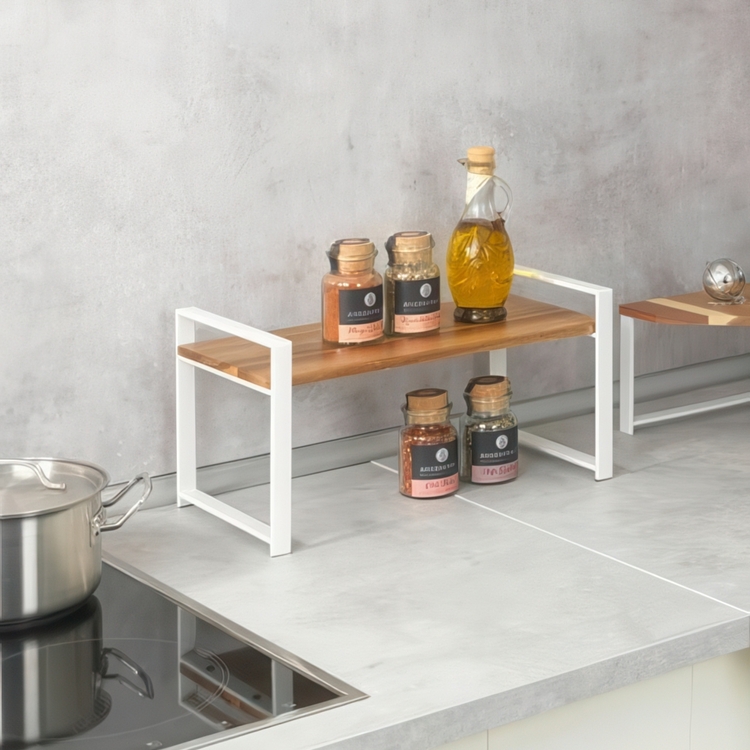 Kryddhylla för köksbänken, ACACIA SINGLE SHELF, 40 x 20 x H 20 cm, Vit / Brun