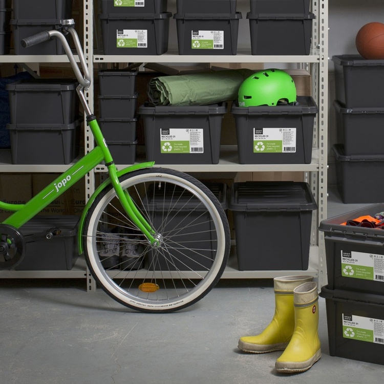 Stor förvaringslåda med lock i återvunnen plast 66L, SmartStore, Svart