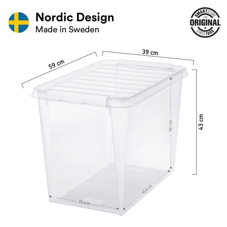 Stor förvaringslåda med lock i återvunnen plast 66L, SmartStore, Svart