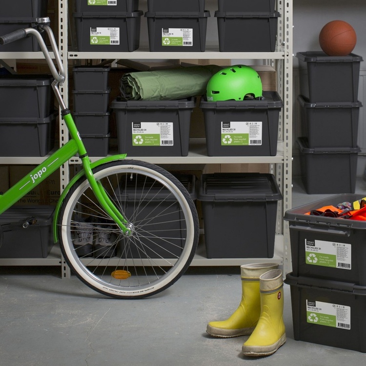 Stor förvaringslåda med lock i återvunnen plast 46L, SmartStore, Svart
