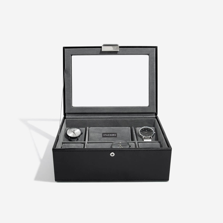 Låda för klockor med glaslock, STACKERS WATCH BOX MEDIUM, 19,5 x 26 x H 9,5 cm, Svart