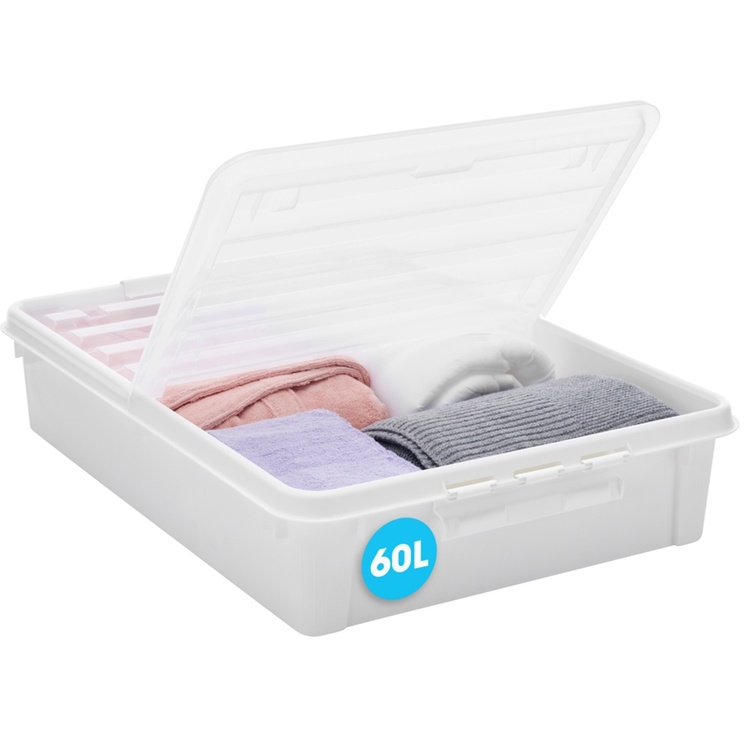 Stor förvaringslåda under sängen med hjul 60L, SmartStore, Klar/svart
