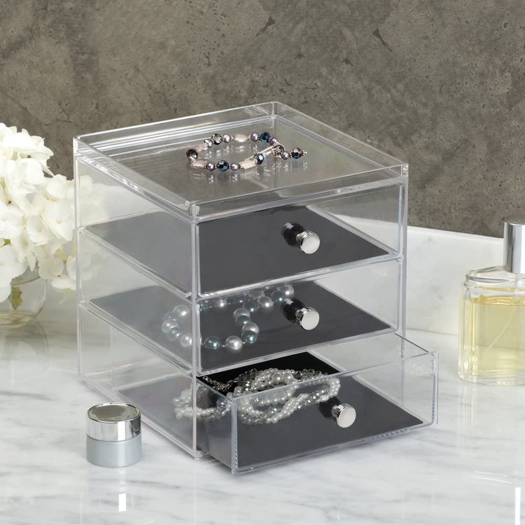 Lådförvaring, 3 lådor, ID CLARITY JEWELLERY DRAWER, 16,5 x 16,5 x H 18 cm, Klar / Svart