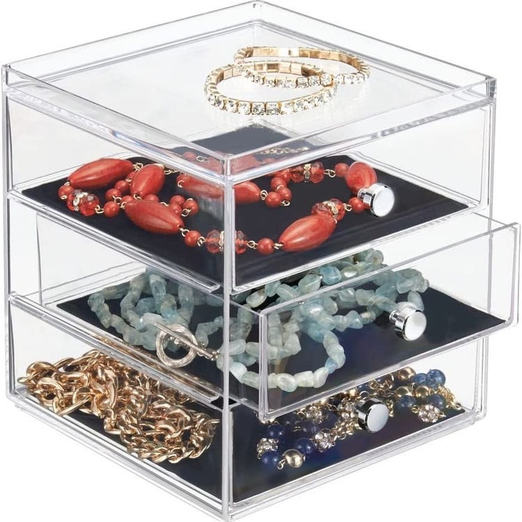 Lådförvaring, 3 lådor, ID CLARITY JEWELLERY DRAWER, 16,5 x 16,5 x H 18 cm, Klar / Svart
