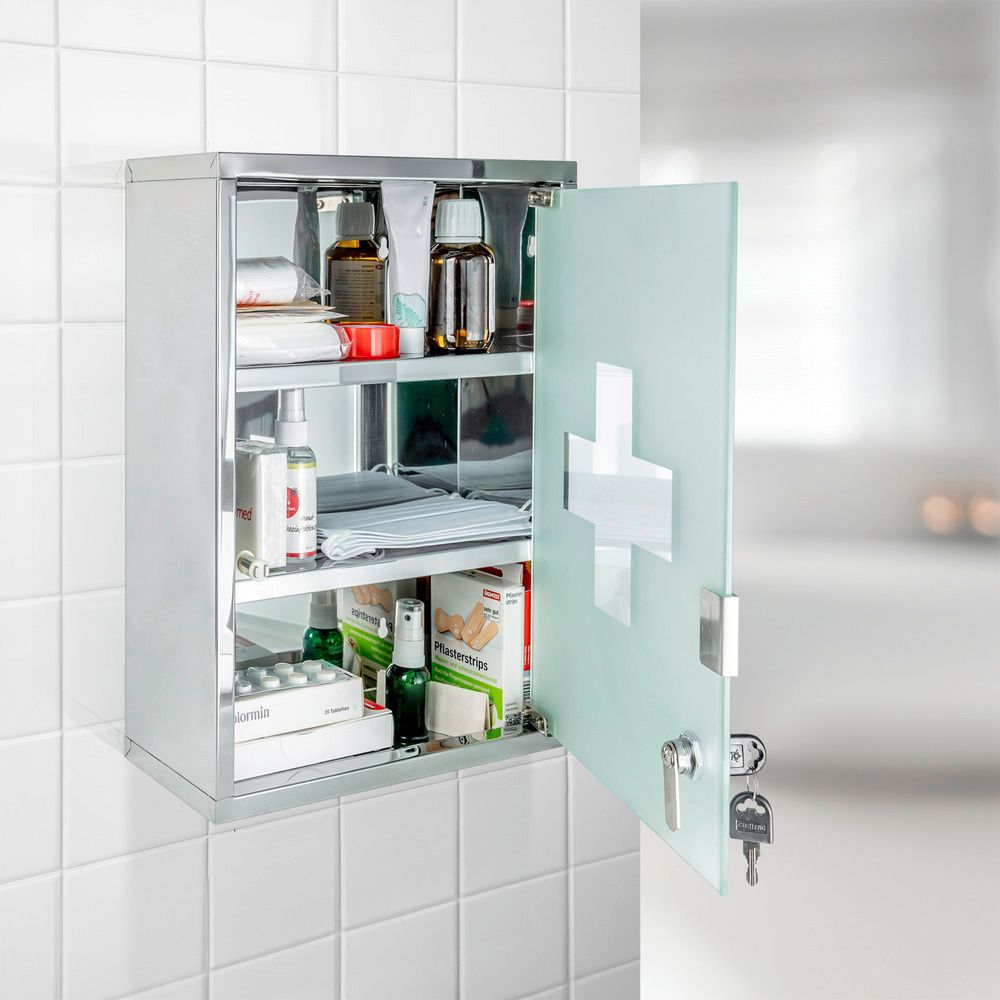 Medicinskåp med glasdörr, Låsbart, LARGE MEDICINE CABINET, 30 x 12 x H 40 cm, Silver