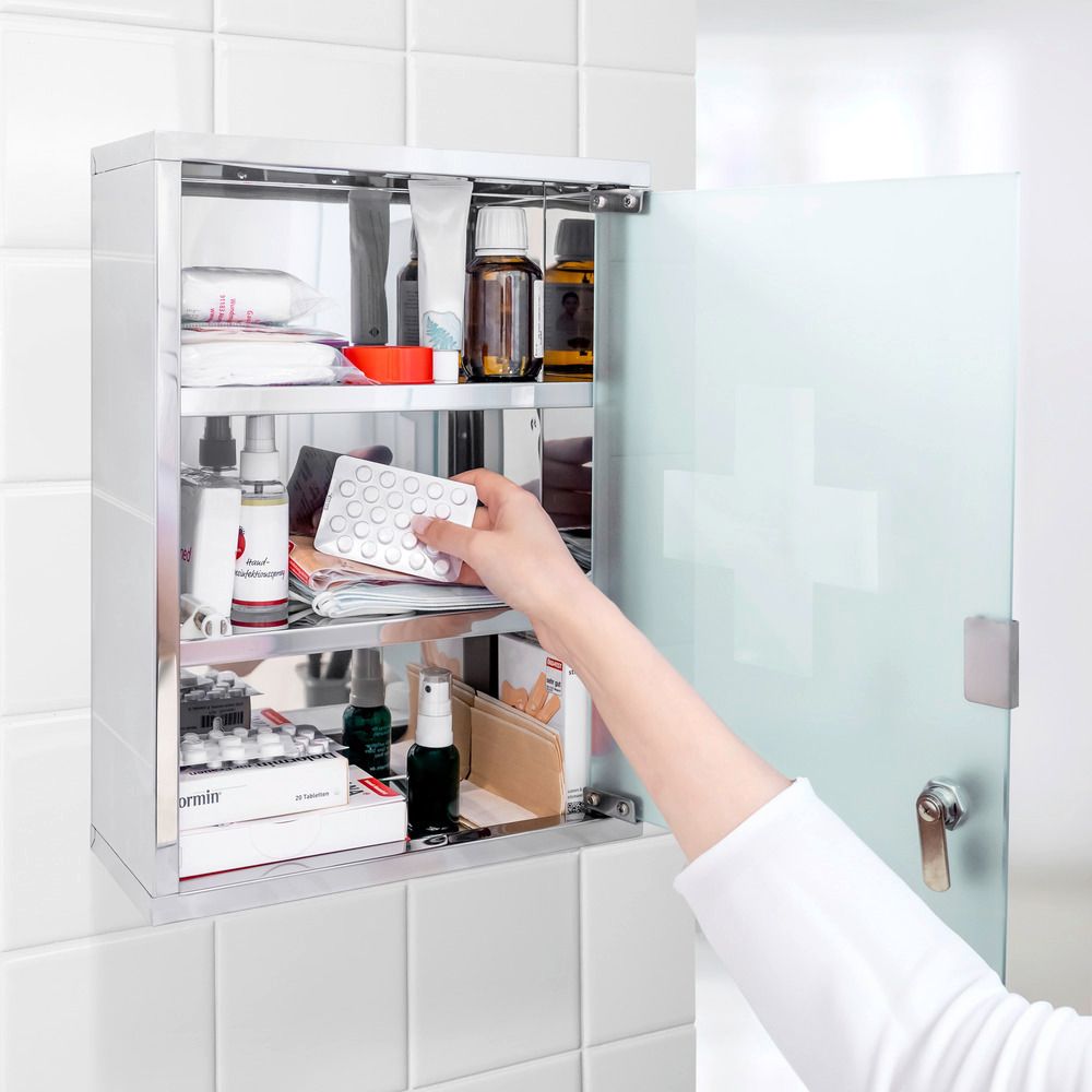Medicinskåp med glasdörr, Låsbart, LARGE MEDICINE CABINET, 30 x 12 x H 40 cm, Silver