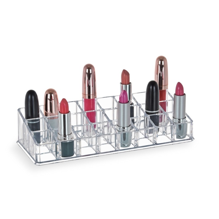 Sminkställ för Läppstift, 24 fack, LIVING LIPSTICK ORGANIZER, 22,7 x 9 x H 5 cm, Klar akryl