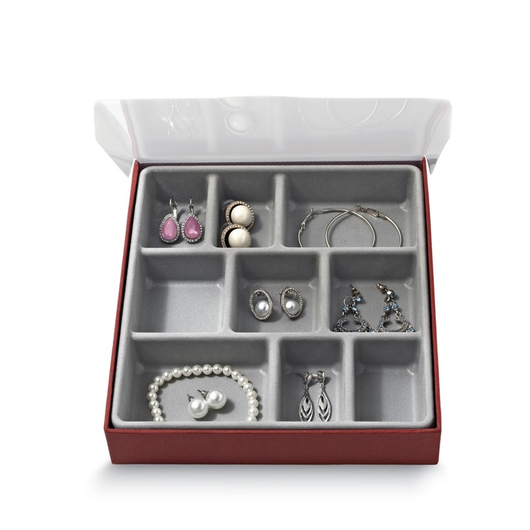 Smyckeskrin med nio fack, BIJOUX NEUF, 21,5 x 18,5 x H3,5 cm, Vinröd