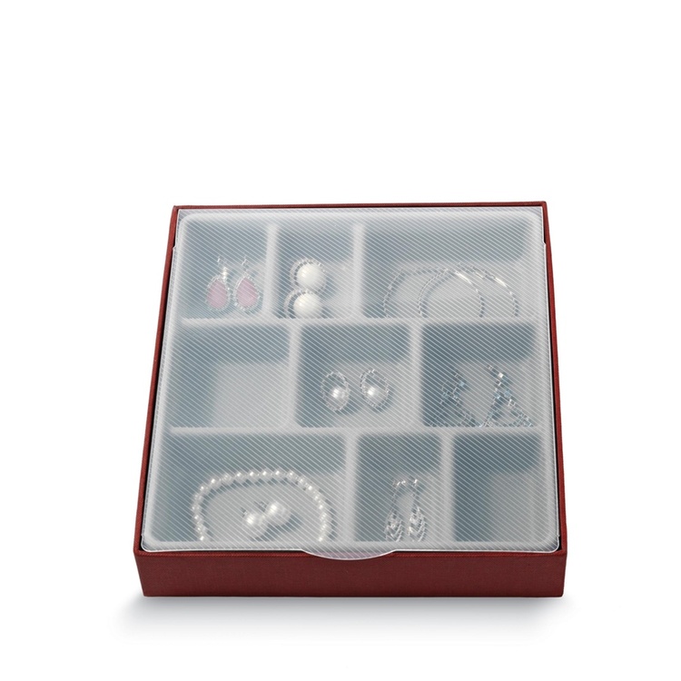 Smyckeskrin med nio fack, BIJOUX NEUF, 21,5 x 18,5 x H3,5 cm, Vinröd