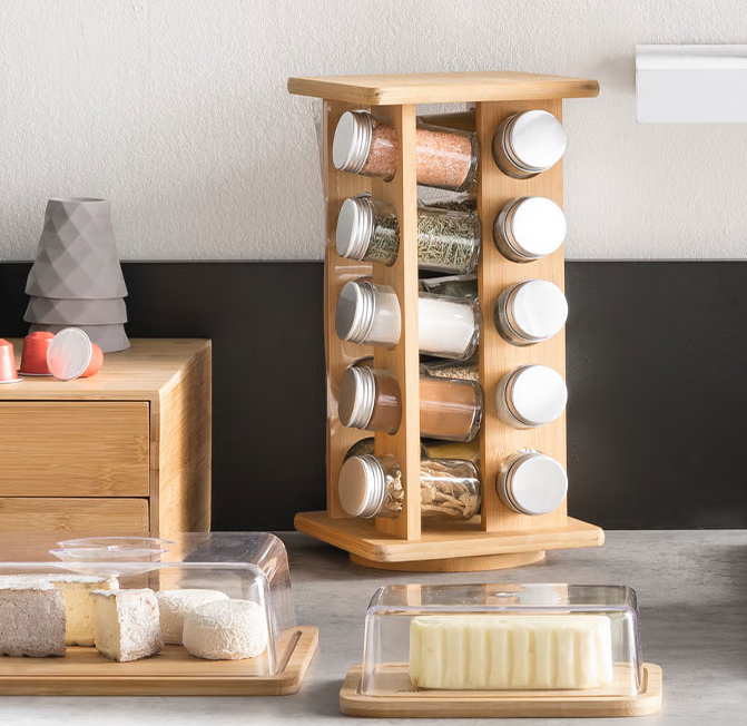 Snurrställ med Kryddor, 20 burkar, LARGE BAMBOO SQUARE ROTATING SPICE RACK, 18 x 18 x H 34 cm, Natur