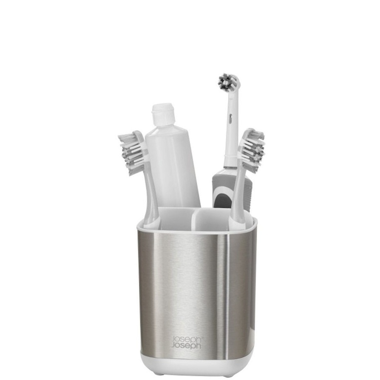 Tandborstmugg för eltandborstar, EASY STORE STEEL, 9 x 9 x H 12,7 cm , Joseph Joseph, Rostfritt / Vit