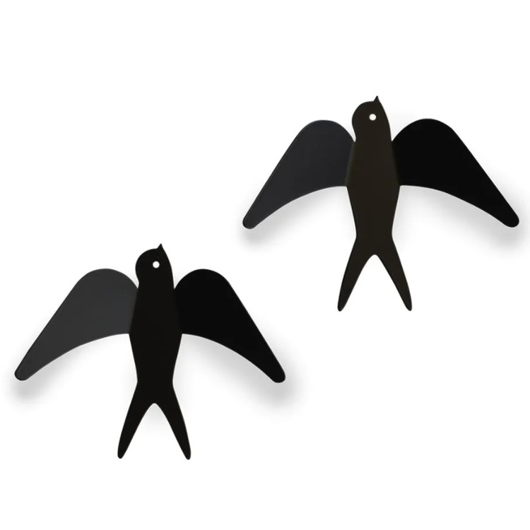 Väggkrokar i metall, 2 st svalor, BLACK SWALLOWS, 14 x H 14 cm, Svarta